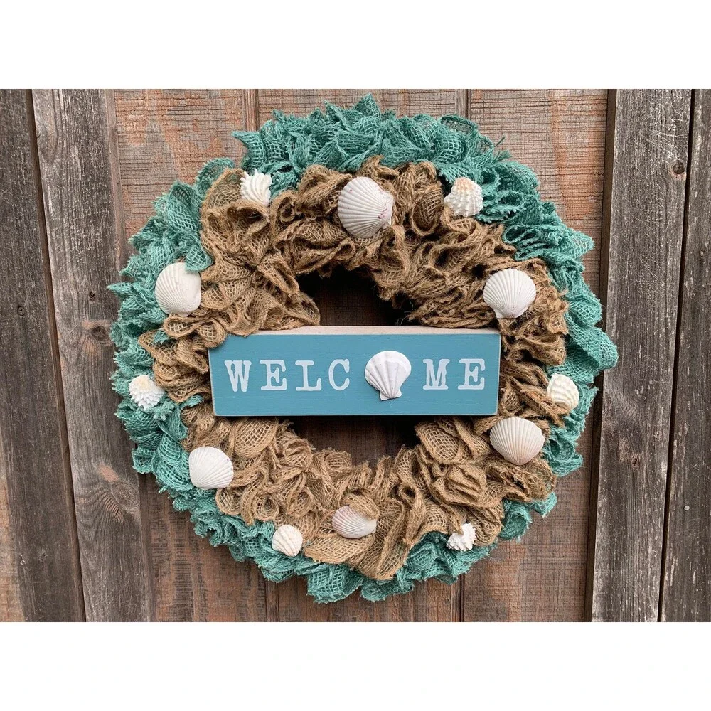 Beachy Coastal WELCOME Wreath Ruffle Aqua/Natural Bulap & Seashells Handmade New